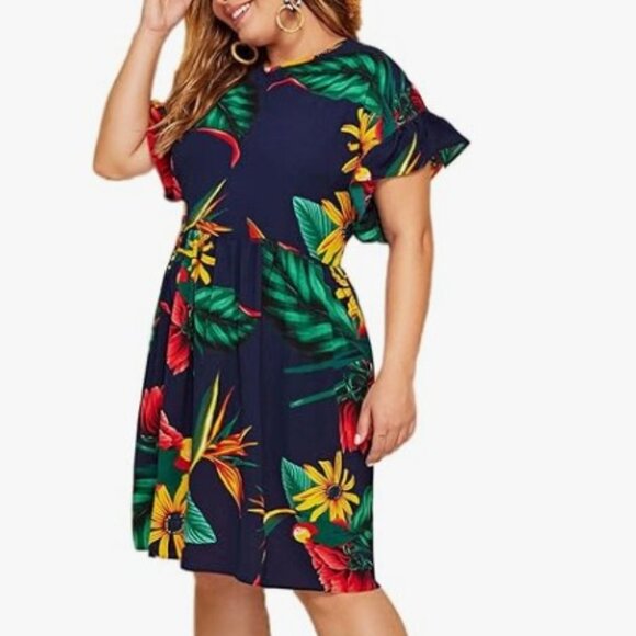 Milumia Women's Plus Size Tropical Leaf Print Ruffle Sleeve Pleated Short Dress - Picture 1 of 9